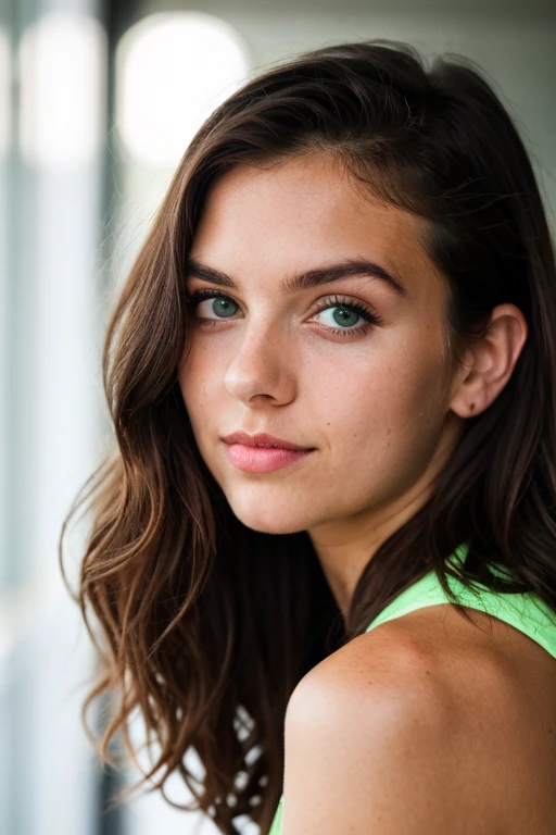 Photo réaliste d'une jolie fille de 25 ans, French girl with long brown hair and green eyes. Elle doit avoir une expression naturelle et illuminé par la lumière du coucher du soleil. La fille doit être en tenue de tennis. This image must be of high quality. we must see his entire body