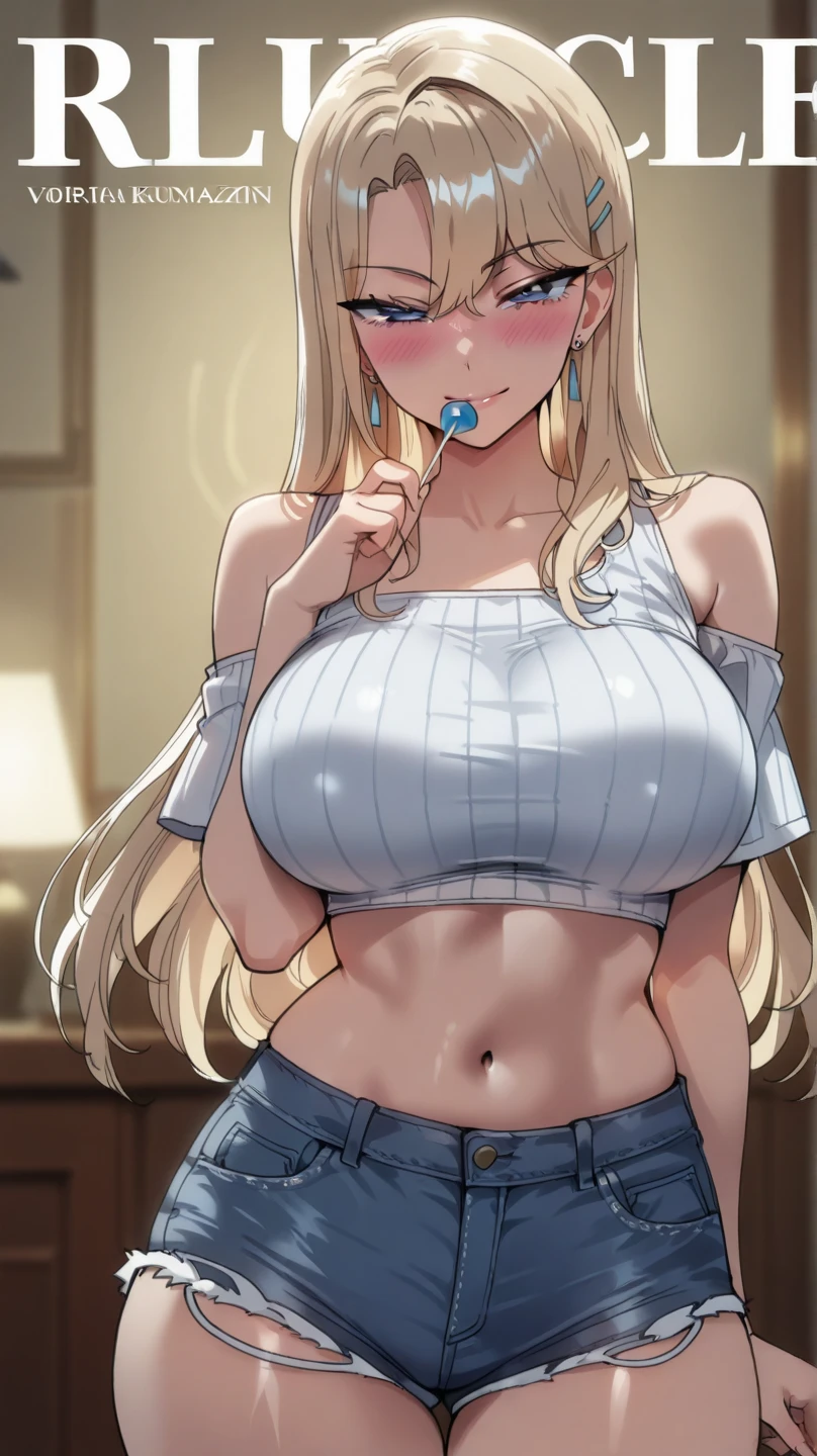 (8k、Best image quality、highest quality、masterpiece)、Detailed face、One girl、Blonde、((blunt bangs))、Long Hair、Grey Eyes、evil smile、((Grin))、Earrings、((Very large breasts))、((white sleeveless turtleneck))、((denim pants))、Cowboy Shot、Bathroom Background