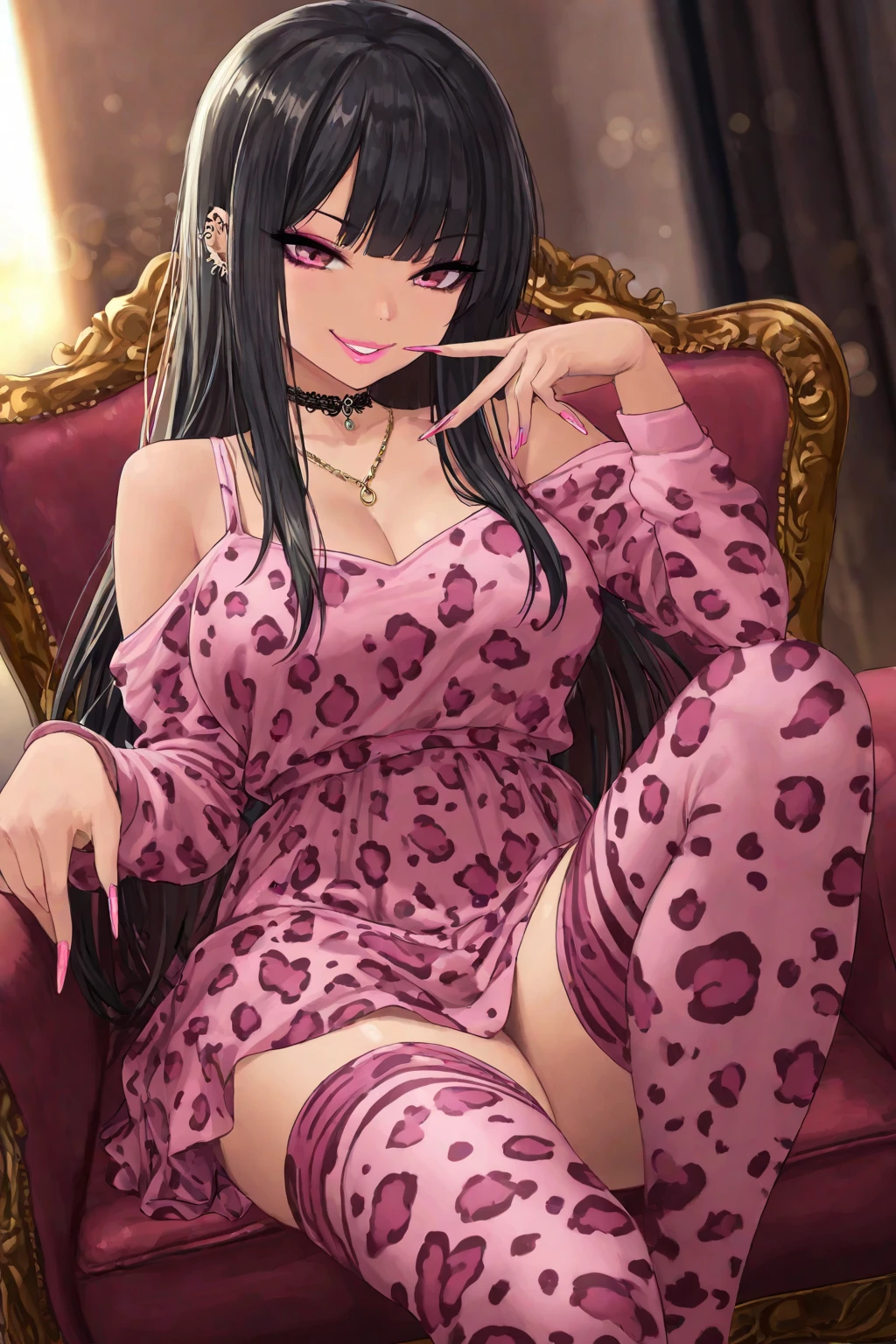 Black hair, brown eyes, sexy , large breasts, a leopard print lingerie, a leopard print underwear, a hotel bedroom