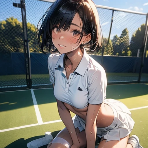 (((Masterpiece))), (((Best Quality))),(Beautiful Detailed anime FACE),Ultra High Resolution, Caustics, Detailed,Perfect Anatomy, View from below, nsfw,cowboy shot,solo20 year old beauty、Japanese、black hair,short bob hair,black eyes,slender body,ideal ratio body proportions,medium breasts,tan skin,gleaming skin,oily skin,shiny skin,hands behind head,squatting,training、painful expression、blush、open mouth,(White tennis wear、body-conscious、white tight polo shirt、white tight mini skirt、perfect white panties,sweat:1.3),outdoors、Tennis court、
