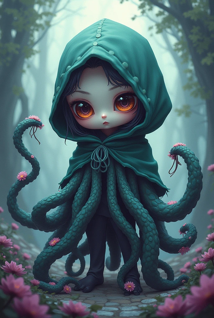 Horror girl, Flat Breast, The girl is wrapped in bloody rags and bandages,cloth, tentacle from under the clothes, tentacles instead of legs, tentacles from the sleeves, hoodie, cloth , smile, detailized face, expressive nose, Lively eyes, ultra detailed, incredible lighting, hyper detailed, 8k, foto realista, High-quality photo, A full-length girl stands in a swamp, Girl in the swamp, Swamps, mist, the trees, grey skin, empty look, Slim physique, dark colored hair, red-eyes
