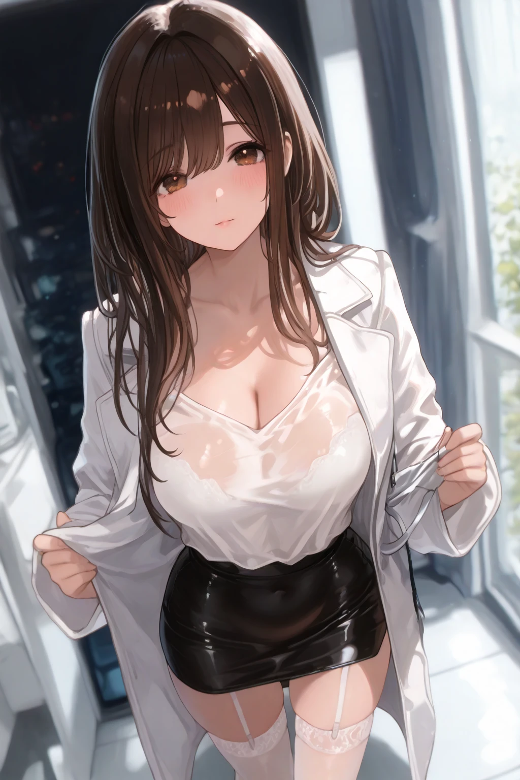 ((Highest quality)),(超High resolution),(Very detailed),(Detailed Description),((The best CG)),(masterpiece),Ultra-detailed art、(Highest quality、8k、32K、masterpiece)、(Realistic)、(Realistic:1.2)、(High resolution)、Very detailed、Very beautiful face and eyes、1 female、(Highest quality、Attention to detail、Rich skin detail)、(Highest quality、8k、Oil paints:1.2)、Very detailed、(Realistic、Realistic:1.37)、Bright colors、((Hourglass body type:1.3、Medium breast、Bewitching beauty))、((Examination room:1.8)), "A female doctor from the near future wears a highly functional uniform。Antifouling、antibacterial、Breathable、温度調節機能を持つ高性能素材で作られたクリーンなホワイトAlsoは淡いブルーのタイトフィットなラボコートを着ています。The lab coat has a slim design、Smart collar、Hidden snap buttons at cuffs、Has multiple storage pockets。下には吸湿速乾性のあるホワイトAlsoは淡いパステルカラーのシャツやブラウスを着ており、Tight fit for ease of movement、(The design emphasizes the cleavage.:1.6)。The pants are tight-fitting straight pants.、Alsoは膝丈のAラインスカートで、Both are made from the same high-performance materials。For footwear, wear comfortable, supportive white or silver flats or sneakers。As an accessory、Lightweight and highly sensitive stethoscopes available in silver and pastel colors、Simple and easy to read name tag design、Waterproof smartwatch、antibacterial仕様の使い捨て手袋があります。Also、It also has pockets for storing small electronic devices and tools.。"