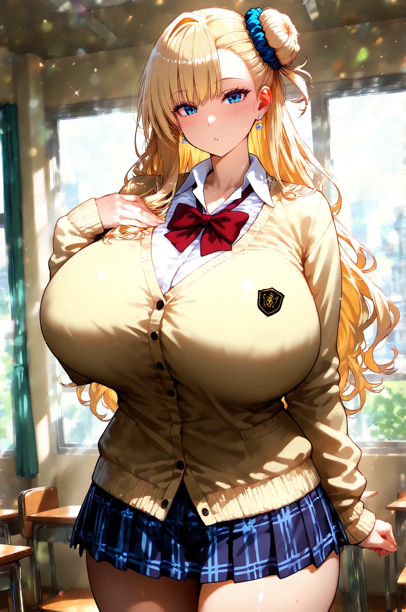 ((((solo:1.4)))), ((((perfect beautiful face and body in view:1.4)))), (((((smooth flawless skin that does not blend with clothes:1.4))))), ((((best-quality beautiful body and face:1.5)))), ((((best quality,8k,16k,32k,highres,masterpiece:1.5)))), (((high-quality details:1.5))), (((award-winning work:1.5))), (((high-quality detailed face and eyes:1.5))), (((sharp focus:1.5))), (((1 blonde anime girl with long hair))), (sexy school uniform with skirt), ((full beautiful body and face of a woman in a short skirt school uniform posing in a class)), ((classroom background)), ((beautiful alluring anime woman with gigantic breasts:1.2)), ((wide hips:1)), ((thigh gap:1.3)), (small waist), Abs, oppai proportions.