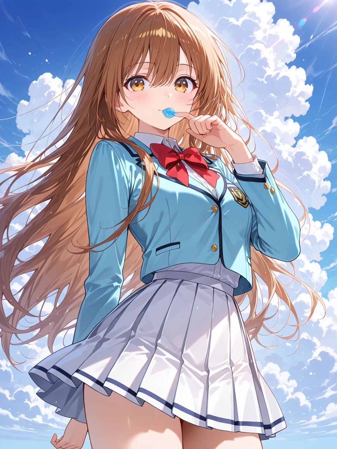 Long Brown Hair Anime Koniro Eyes Star-shaped Hair Ornament Floating in the Air Night Bangs Between Eyes Blue Clothes Smile Cute Solo
Big Eyes Masterpiece Best Quality Mature Breasts When Sky Hololive 1girl, Solo, Sora Tokino, Long Hair, Blue Vest, White Shirt, Cropped Shirt, Blue Skirt, Red Hair Ribbon, Mini Skirt, Blue Eyes, Brown Hair, Sleeveless Shirt, Smile, Thigh Ribbon, Thighs, Big, Singing, Concert, Stage, Dynamic Pose Best Quality, Overall View