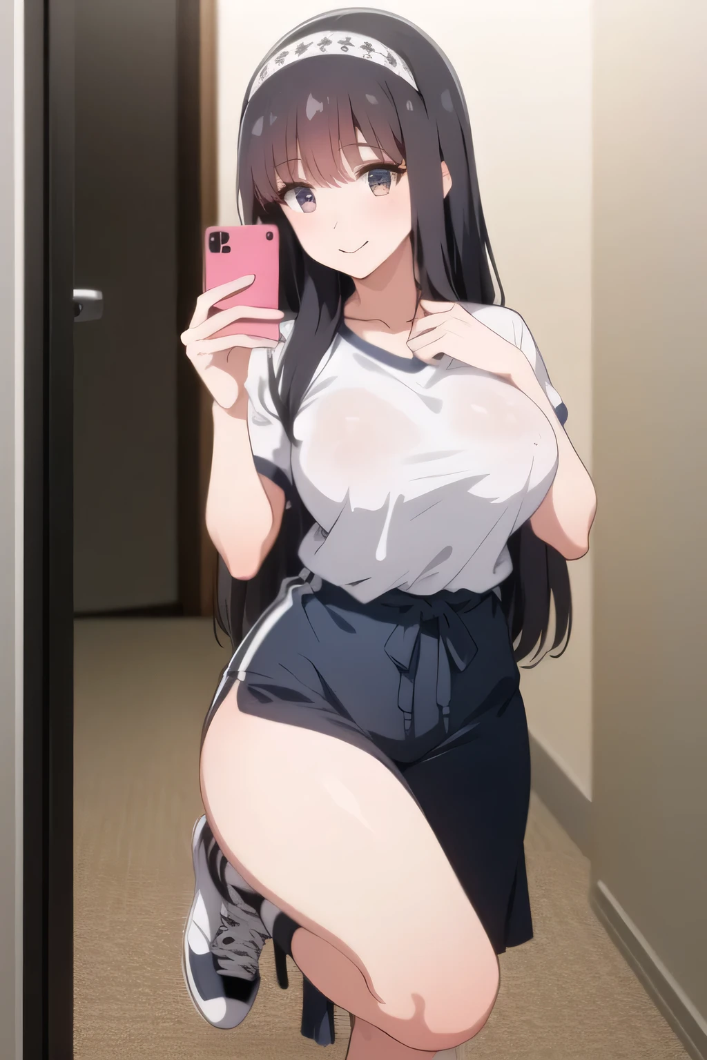 woman with long black hair,Can you draw a woman in gym clothes,White and light wet shirt, navy blue panties,navy blue bloomer,Great thighs taking a selfie in the mirror ,sneakers,big boobs,Smile Yang,Only one person on a large surface,Facial expression is the top priority, so don't crop ,Can you draw her facial expression more delicately,,Smile Yangのかわいい女性を描いたフルカラーCG,long black hair,white hair band,,,accurate hand and foot expressions,,We definitely need that face,Can you draw her facial expression more delicately,1 person, 仕事には1 personが十分です , Attractive 20-year-old woman with big boobs, thin waist
