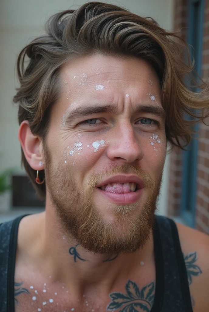 low key, young man, open mouth, bodybuilder, highly detailed skin, cum on face, wide face, strong chin, tough guy, hairy, unkempt beard, natural contour aesthetics, sweaty meat, shallow depth of field, muted colors, <lora:cum_b1:0.6>
