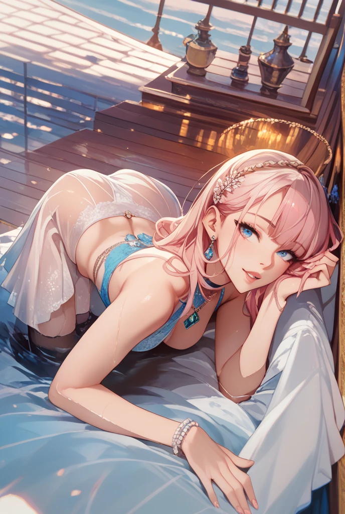 (Best Quality, hight resolution, masutepiece:1.2), Ultra-detailed, Realistic:1.37, Pink hair, Bob Hair, Sleepy eyes, Beautiful detailed eyes, Beautiful detailed lips, Smile, Choker, girl, Spread your hands upwards, spread both legs down, Supine、Facing the front、sleep、Breasts very big and beautiful、put the shackles in one's mouth、droolng、