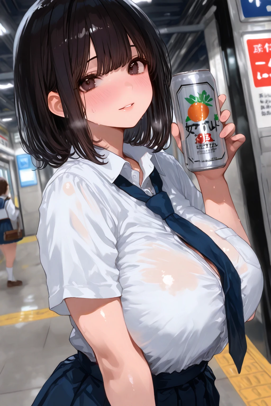 Nagino Sakura, brown eyes, brown hair, hair band, medium length hair, empty eyes , Running, wearing nothing, big anime eyes, , shiny hair, bare-skin, navel, the groin, BREAK in front of convenience store, large breasts、 Nipples, nsfw, nipple , wet, Flooding. sea. solo, Peeing, lactation, projectile lactation