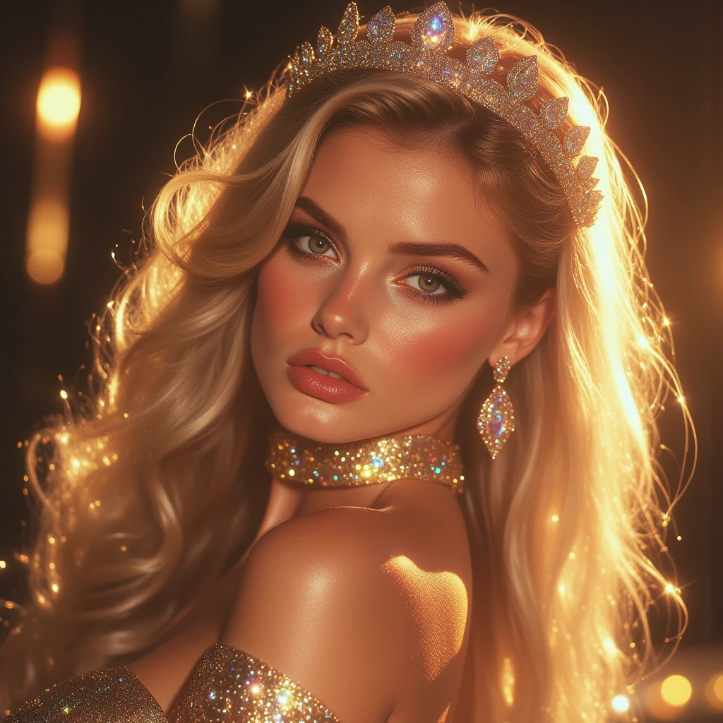 Photo BRITNEY SPEARS , 4K texture, high quality, gorgeous hairstyle, with stylish clothing, long, blue, with details , extravagant, diamond crown, sparkle accessories, inspired by the movie Barbie The Rock Star (1987) , (BROWN EYES), FULL BODY (masterpiece) (perfect aspect ratio)(realistic photo)(best quality) (detailed) photographed on a Canon EOS R5, 50mm lens, F/2.8, HDR, (8k) (wallpaper) (cinematic lighting) (dramatic lighting) (sharp focus) (intricate) --auto --s2