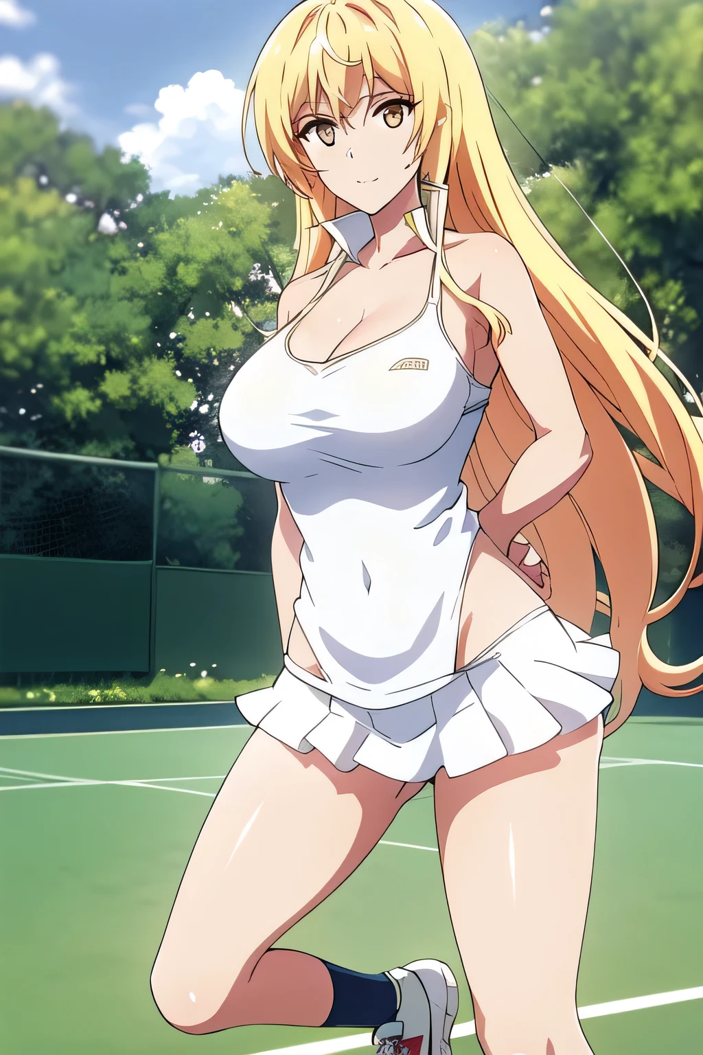 Blond wavy long-haired woman, Smile Yang ,I'm in a vacant lot,、If possible,,can you draw high school gym clothes,WHITE SHIRT, navy blue panties,紺色Bulma,,(((Facial expression is the best, so don't crop your face))),,I am alone ,、sunny day、Outdoors, ,(Let's draw a more delicate expression), , big breasts, thin waist , , great thighs with light clothing ,beautiful legs,,big breasts,standing with legs open,can you draw a woman who runs,women exercising,big breasts,Bulma,sneakers,can you draw micro mini skirts,Women who enjoy tennis,huge breasts wet sleeveless costume,Game,