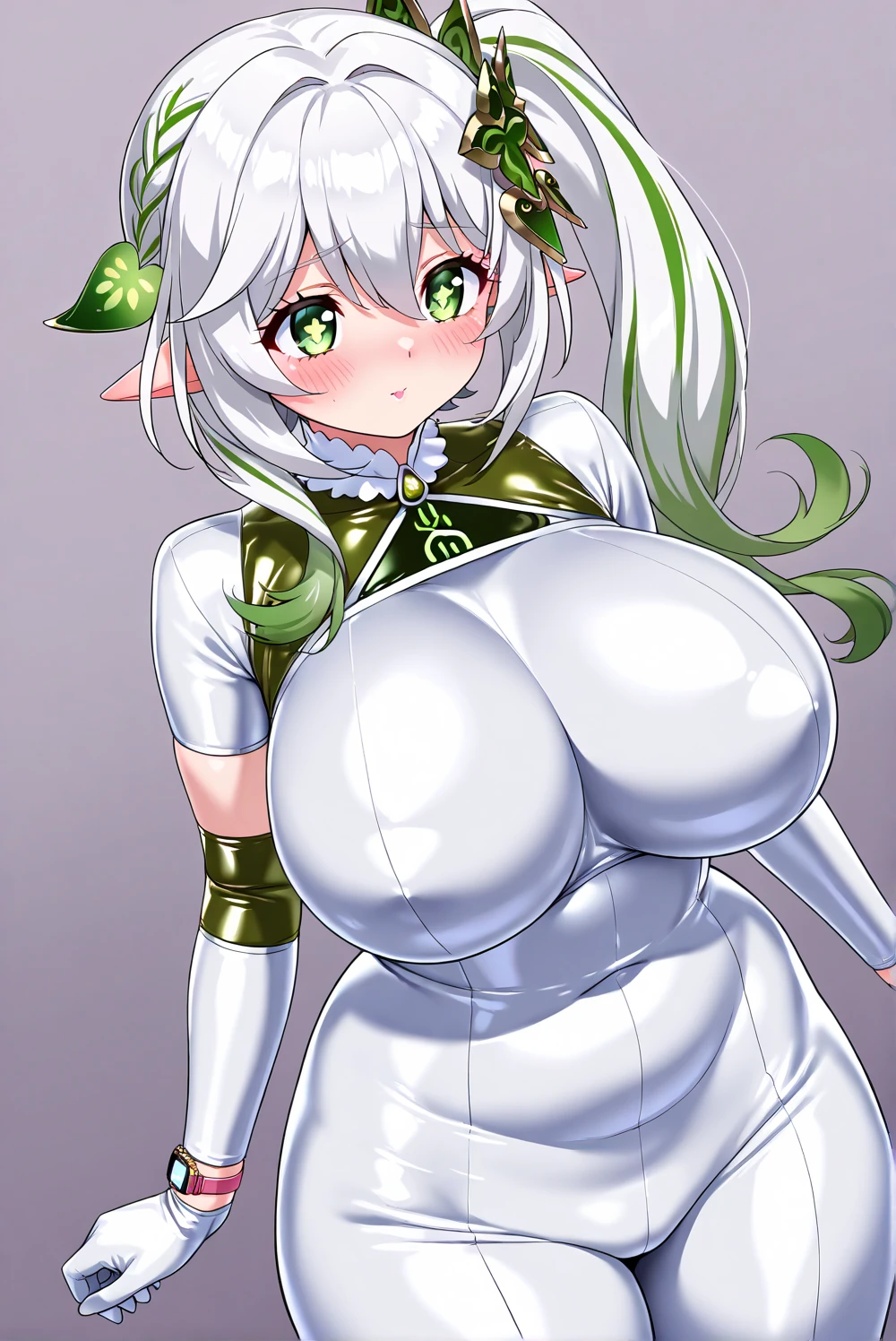 Kiwi Casual,Purple eyes,Hollow Eyes,Grey Hair,Double Bang,Ahoge,Very large breasts,Blushed,score_9,,Thighs,leotard,Reverse Bunny Suit,Latex gloves,corset,Latex gloves,corset,trembling,Upper breast,milf