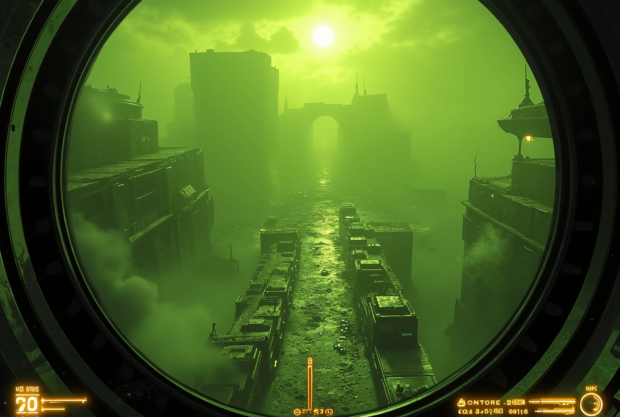Cinematic scene, action cam, realistic dim lighting. HUD vision view, Light Yellow mix green vision view, battleruins city, Dystopian city, trench warfare, iron mesh, battle bunker, battle info screen. Futuristic mix word war. High angle view, sniper gun, view from high rise.