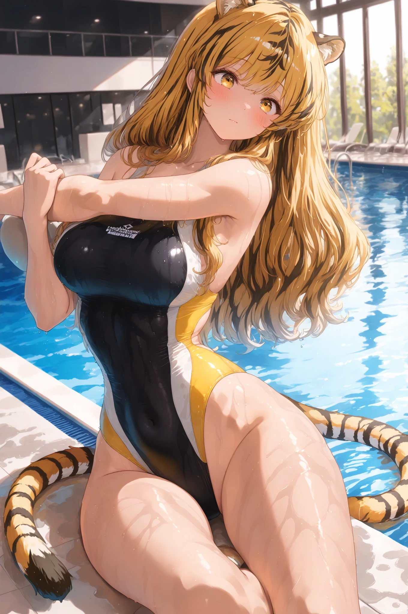 Leopard print swimsuit、Slender Beautiful Girl、One person、high picture quality、best-quality、Fine detail、Does not blush cheeks、kneehighs、a-pose