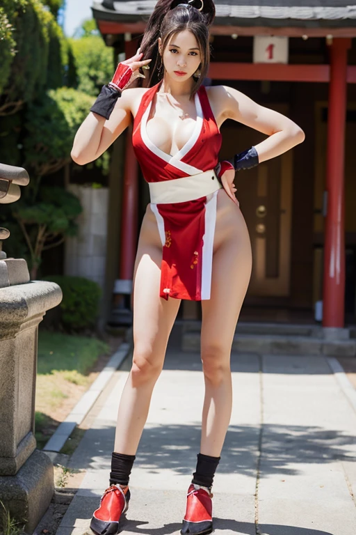 (mai shiranui:1.4), (tabi:1.4), (Full body:1.4), (Toe;1.3), (Realism), (master piece:1.2), (Best Quality), (ultra-detailliert), (8K, 4K, Convoluted), (Flat Lighting:1.2), (skinny), Prestige, Brown eyes, Long hair, brown eyes, long hair, brown hair, white ribbon, sleeveless, ponytail, sash, pelvic curtain, arm guards, gloves, tabi, fascinated expression, Sexy eyes, slim, medium breasts, Smile, Cute, view the viewer, Long hair, Close to Japan temple, (breasts focus:1.2), (Realistic:1.2), light Particle, Lighting, (Highly detailed:1.2), (Detailed face:1.2), (gradients), SFV, Colorful, (Detailed eyes:1.2), Detailed temples of Japan, Detailed background, (Dynamic Angle:1.2), Dynamic Pose, Wide Shot, Daylight, Solo.