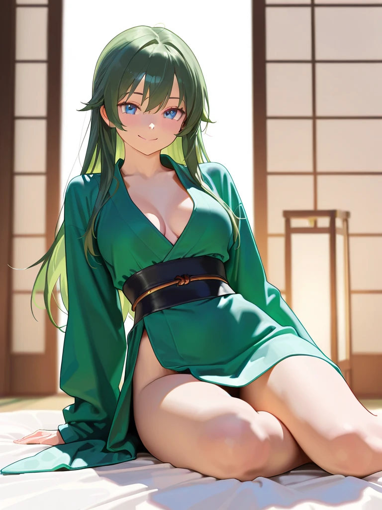 1girl, solo, blue eyes, green hair, parted lips, green robe, small breasts, looking at viewer, chinese clothes, green hanfu, sitting, single bare leg, bare shoulders, knee up, no bra, nipple slip, flowers background, naughty face, blush,