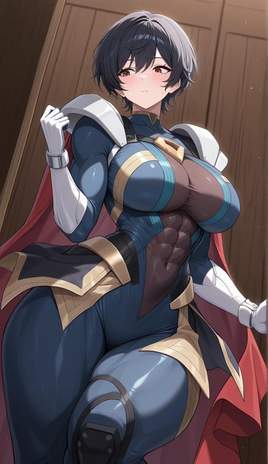 full body, def_effie, blue breastplate, blue skin, looking at viewer, shiny,armor, thighhighs, high boots,shoulder armor, faulds, poleyn, gloves, gauntlets, Rerebrace armored boots, pauldronasterpiece, best quality, ultra-detailed, best shadow) yordle (1girl)( blue skin:1.2) pointy ears muscular lean platinum blonde long twin-tails hairstyle at the office lustful smirking smile face red blushed, blush, strong abs, female body builder, tiara, twin drills hair
