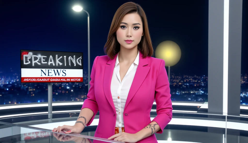 (((48 Years old)), (((Female News Anchor, Indonesian Beautiful Mature Woman))), Wearing Casual Shirt, wearing Mini Skirt, Realistic Ultra-Small Breast, Breast About to Burst out, PP cup Breast, Seducting Look. Full body, seductive body language, At News Studio.