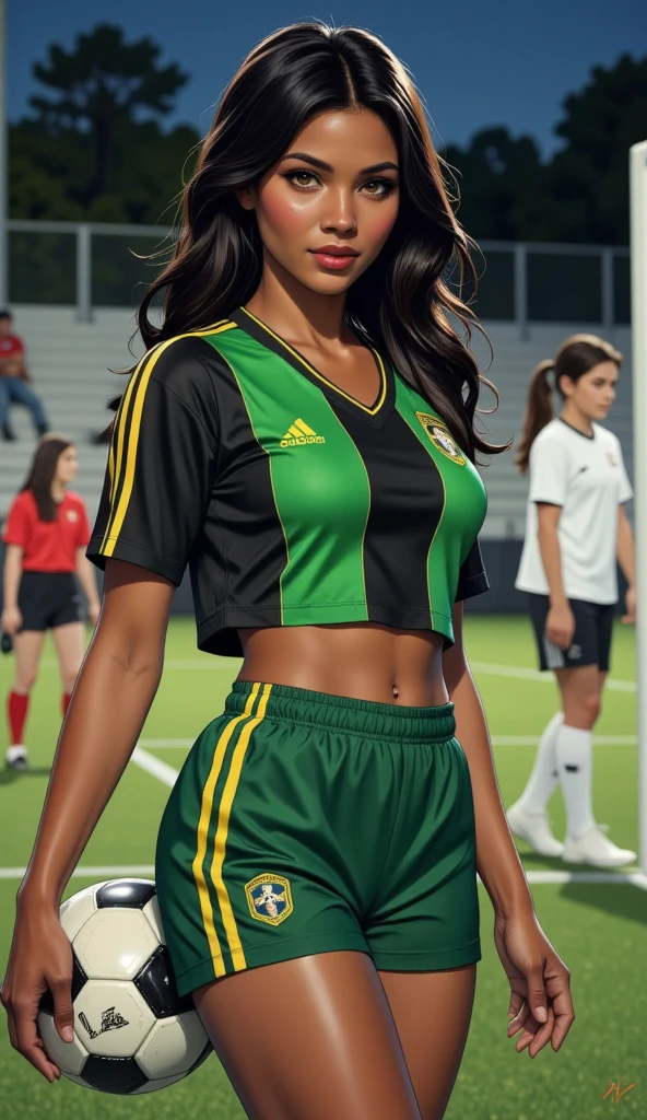 masterpiece, best quality, 8k, sharp focus, depth of field, best shadows, perfect lights, HDR, realistic skin texture, hyper detailed background, photorealistic, RAW photo, realism: 1,2, 1 woman, she is Ella Balinska playing a spy, sexy, beautiful, beautiful, straight long hair, sleveless, olied skin, realistic skin texture, studio lights, in a soccer stadio, wearing soccer clothes, long socks, sweat, showing her perfect feet, feet fetish