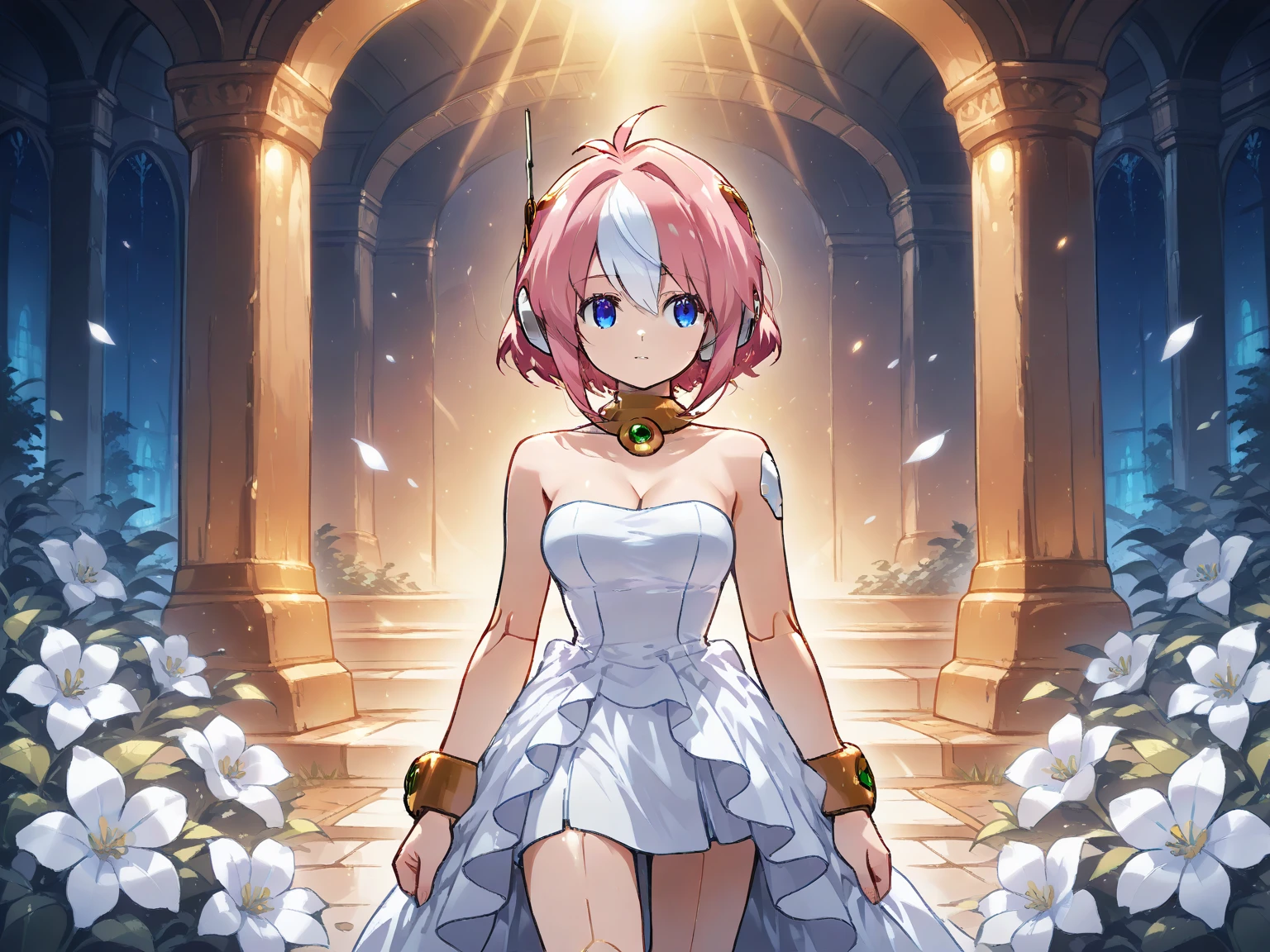 (high quality, 8k, 4K, high contrast, artwork:1.2, high quality, best aesthetics), (centered), ((1 woman)), erotic, sensual, sexy woman, mature body, super detailed, beautiful face detailed, beautiful eyes detailed, detailed beautiful mouth, perfect breats, perfect wide thighs, (light pink hair, long light pink hair, wavy light pink hair), (blue eyes), (long white roman dress with golden adornments), (pink halo), (calm expression), (standing), (looking at the viewer), (front view), (Roman temple in the background), (sunny day)