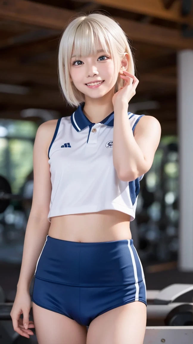 Two Girls,During physical education class,White gym clothes,Navy blue shorts,Blonde,short hair,dark skin,Shiny skin,Ample breasts,Expression from the knee up,Nipples,highteen,Clothes stick with sweat,Japanese,Korean