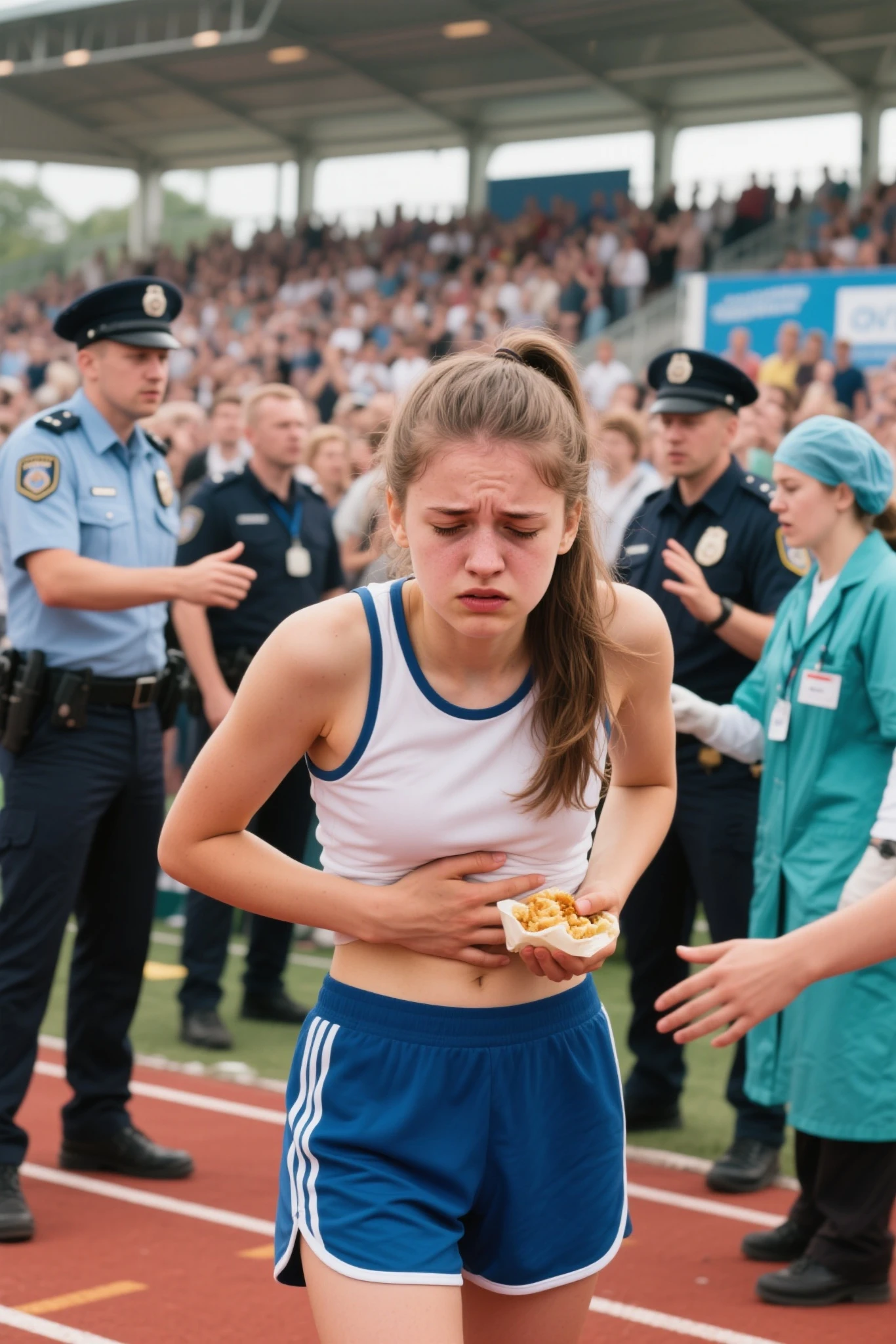 Generate an illustration that meets the following criteria:
- Multiple boys are bullying a girl on the track team by punching her in the stomach.
- The illustration should depict the moment the punches are being delivered.
- The punches should be visible on her stomach.、Have a distressed expression

