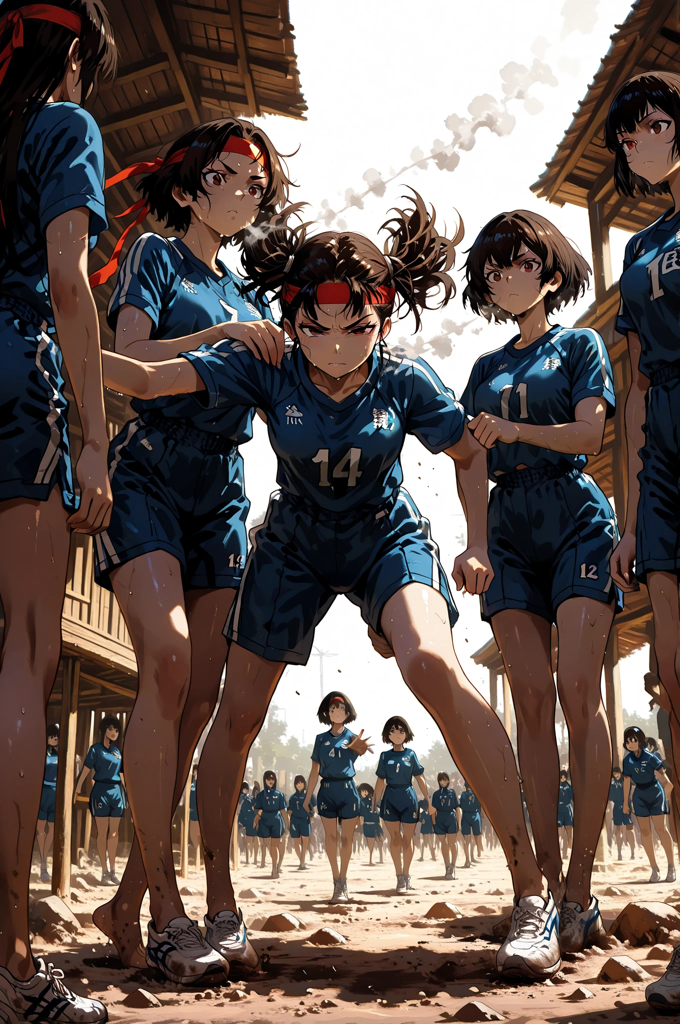 DFOP-V2.0, oil painting,Perfect Anatomy:1.3,highest quality,Ultra-High resolution,Highly detailed illustration,8k, XUER guangying,Detailed face, detailed eyes,
athletic meet, kibasen, school girl, sports uniform, bloomers, headband, sweat, dirt, three girls supporting one, top girl, riding on shoulders, standing on teammates' shoulders, bent knees, forward-leaning posture, one arm extended, reaching forward, open hand, attempting to grab opponent's headband, intense expression, hair flying, mouth open, squinting, arm pulled back slightly, lower girls crouching, hands holding legs of top girl, stable stance, feet planted firmly, legs slightly apart, support girls looking upward, strain in faces, mid-action, top girl in mid-air, one foot slightly off-balance, other foot pressing shoulder, crowd in background, opposing team nearby, close quarters, dust in air, sun backlighting, windblown hair, low angle view, upward angle, dynamic perspective, extreme foreshortening, shallow depth of field, focal point on reaching hand,
,(Sup eQuality:1.0),
