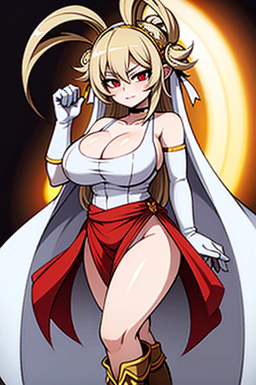 (((masterpiece,high resolution,best quality))), 1girl, solo,wine bottle,bare legs, large breasts, lying, on back, petals, looking at viewer, armpits, open mouth, solo, blush, wet clothes, heart, arms up, wet, bed sheet, origin, 1girl, red cape, boots, gloves, epaulettes, black corset, corset, black gloves, :d, black skirt, Pirotess, (yellow eyes), white hair, silver hair, very long hair, straight hair, solo, adult woman, tall, slightly muscular, large breasted, cleavage, constricted waist, Toned body, slight abs, thin dark skin, pointy ears, lipstick, makeup, black eyeshadow, circlet, white short dress, jewelry, bracelet, white gloves, thigh boots