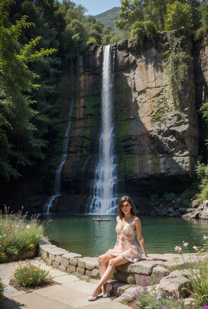 Araffe dress,Red dressRed wearing a short dress (white),Crocodile nearbya mountain of water near the grass,Waterfall nearby light green, shining flowers,Red skywearing a suit (white), lipstick (pink) Escasamente vestido.Smooth sky model Hermosa figuracuerpo voluptuoso curvy hermosas sonrisa seductora Retrato Gabriella Lin Rojo Orange dress Red