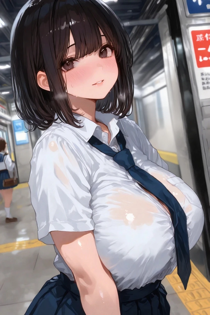 in the train、Black bob hair、hairpin、high school girl、Ahegao、Drooling profusely、Large Breasts、Soft Breasts、、((Press your chest against the window))、Saggy breasts、Pale pink nipples、