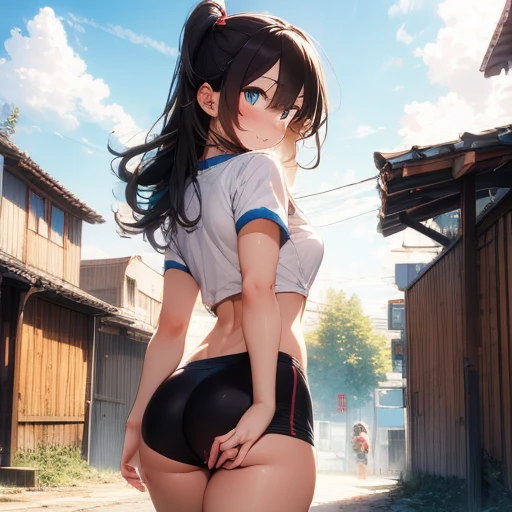 (紺のセーラー服を着たTwo womenが街中を並んで歩いている:1.3), (Two women:1.2), whole body, Sole, (masterpiece, highest quality, High resolution, 超High resolution, Perfect Pixel, Depth of written boundary, 8K, RTTX 10.0), (One woman:1.3), Cinema Lighting, Best Shadow, The best natural light, Cinematic, ((Smooth texture:0.75, Realistic texture:0.5, Anime CG Style)), Beautiful Anime Women, Beautiful art style, Anime characters, ((Detailed face:1.2)), (Brown Hair, Side Ponytail), Beautiful breasts, Slender body,Beautiful thighs, (Knee socks), (shiny light blue satin panties:1.3)、(shiny pink satin panties:1.3)、(Horizontal lace panties that cover the butt:1.1), Embarrassed expression, Her skirt is flipped up, Panties in full view, look back, Realistic, Angle from behind