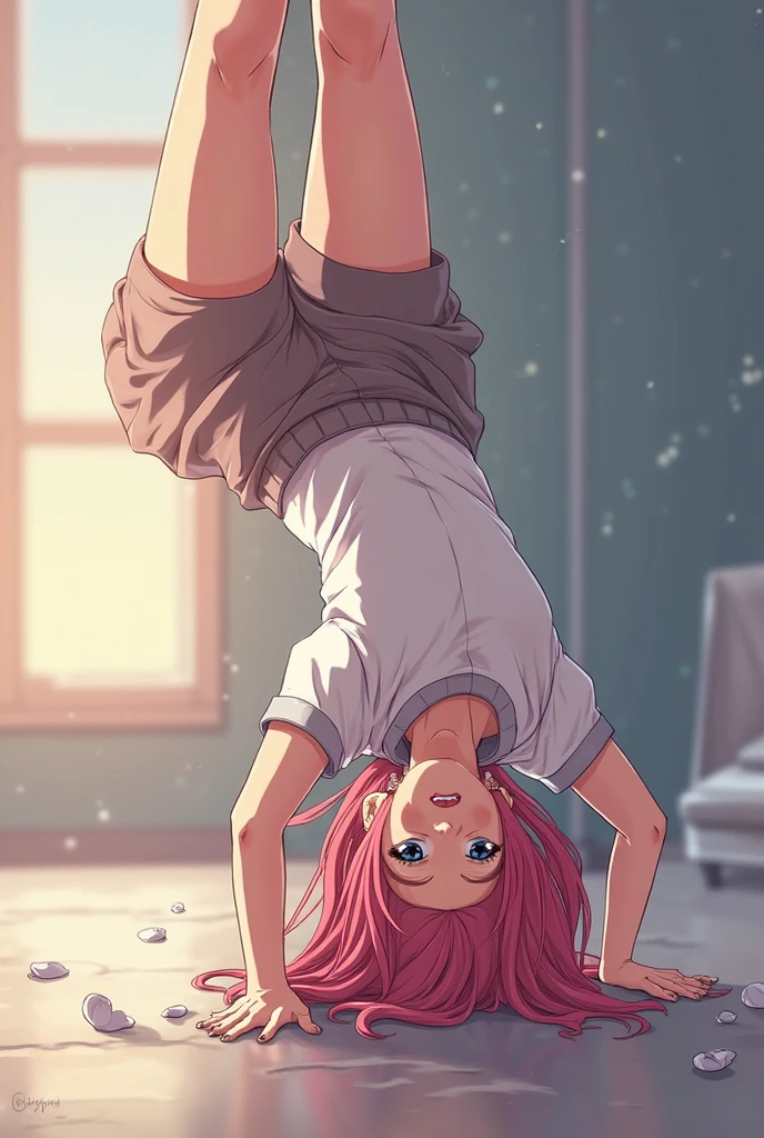 Anime girl in small skirt doing back flip top view