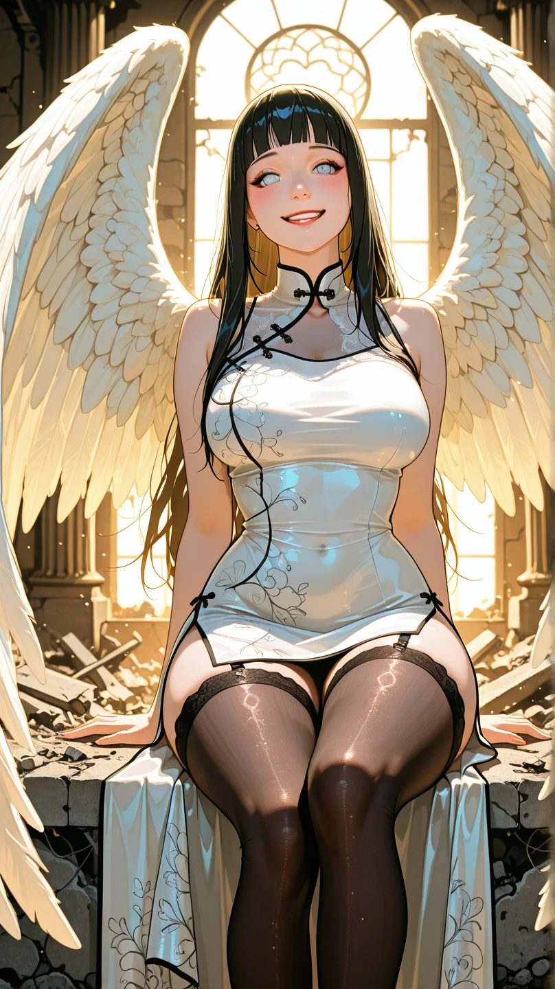 ((nsfw)),((gigantic breast: 1.5),(masterpiece, best quality),((high resolution 4k)), 1lady, solo, (white Scales, body cover with scales), halo, wings,fallen angel, black hair, loose waves, red eyes,wet very short t shirt,long sleeve,wet very short white skirt,white stockings,white thigh highs,standing