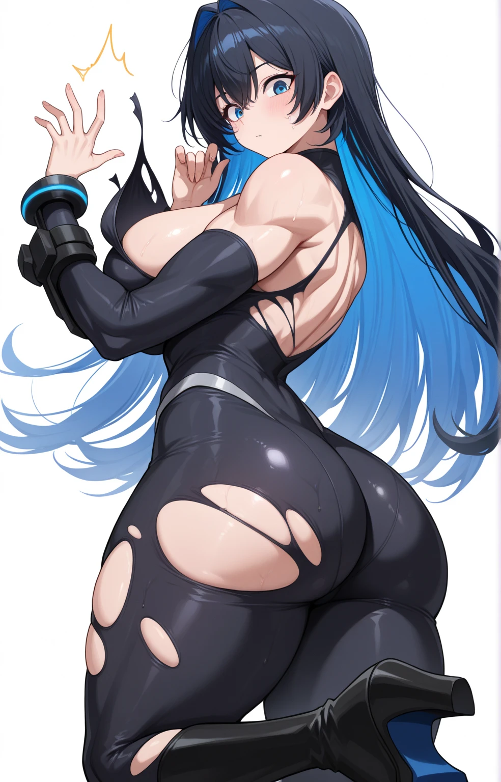 ((Masterpiece)), (maximum quality), 1 girl, busty and butt, black hair with blue bits, pjos ma