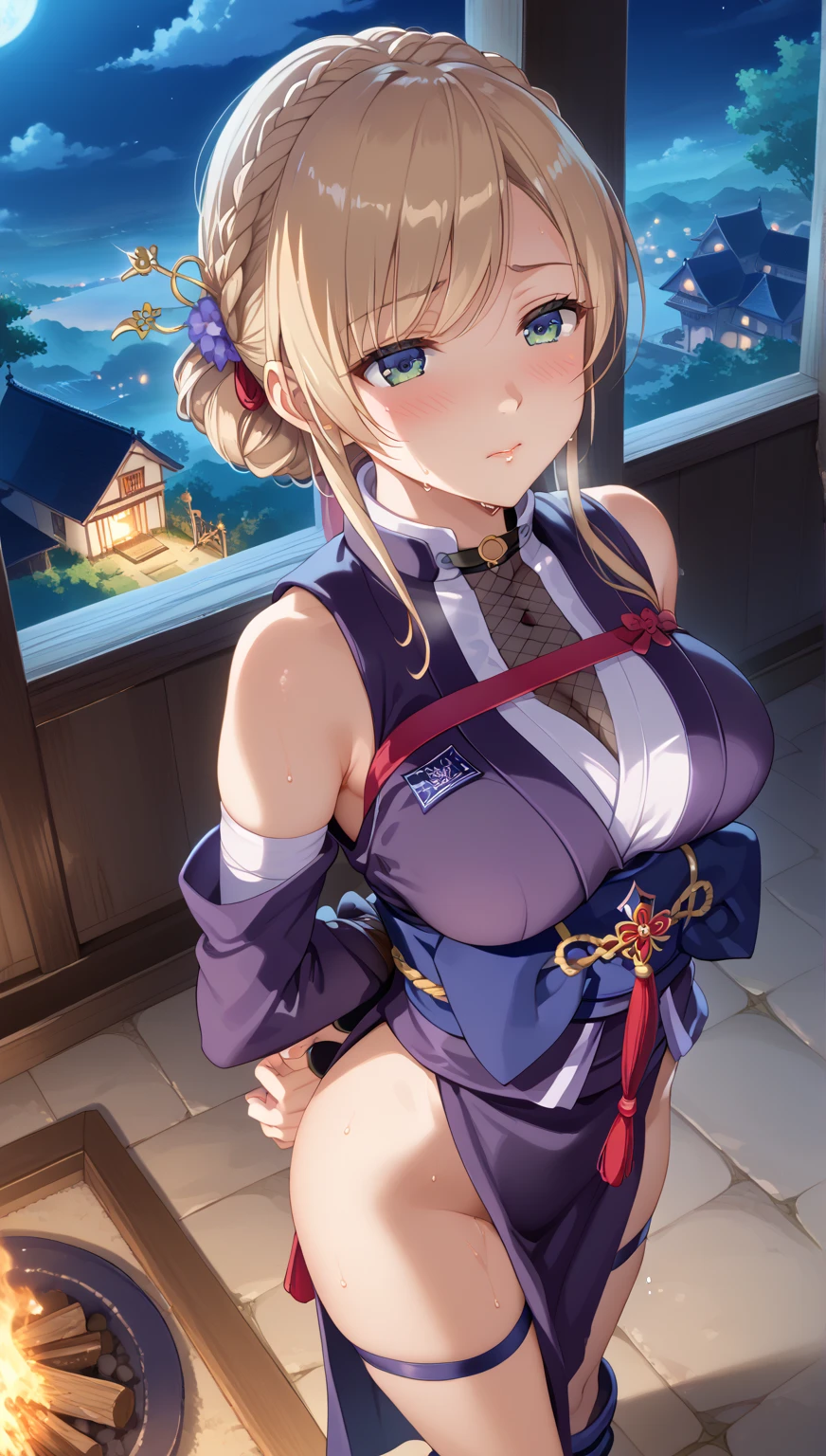 Masterpiece, Best Quality, (((Solo mature woman))), (((long blonde hair))),  (((wide hips))), (((beautiful blue eyes))), full lips, seductive smile, large chest, curvy, sexy, ((kneeling on bed)) (((wearing pink with white floral kimono))), [Janet], [Alice],  (((solo))), (((alone))), ((huge boobs)), (cleavage), crystal ball, tarot cards on bed, red curtains, messy hair, curly hair, perfect hourglass figure, cityscape in window, (((knife))), full thighs