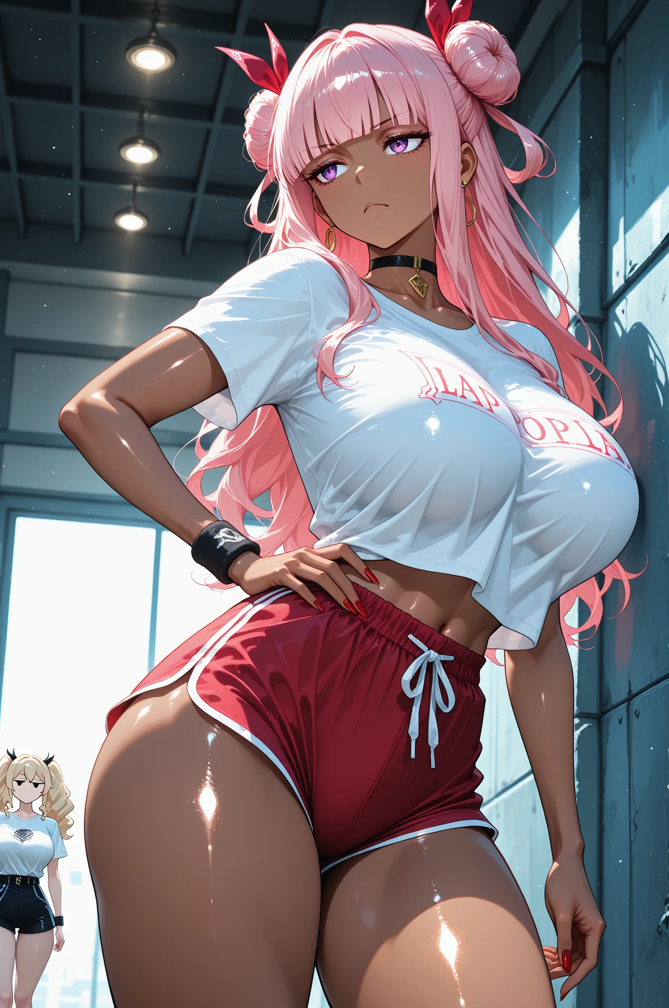 big cleavage, detailed, highres, sexy, wide hips, 1 girl, brown eyes, pink hair, long hair, dark skin, pink bear ears, long sleeves, sleeves past wrists, ((bikini top)), crop top, white shorts, (red lace), red thong, gyaru, lips, red lips, white nails, long nails, big eyes, city, crowd, grabbing boob, tongue out, underboob, close up,