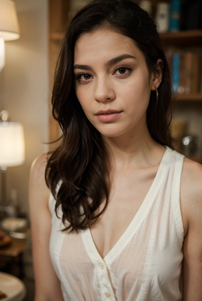 Mujer con una camisa que se le transluce sus pechos, se le ven los pechos,. Se le ven los Pezones, translucent shirt, pelo corto, camisa abierta