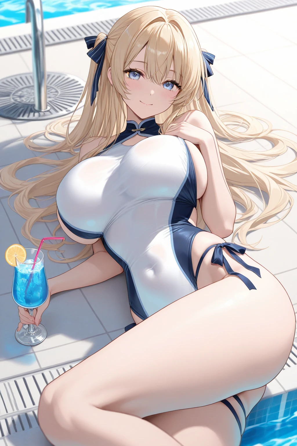 Best Quality, High resolution, distinct image, 8K,masuter piece、artoria、Beautiful and big breasts、The bikini、overknee socks、sneakers、NSFW,m-legs,ssmile、Cam Drink、Downtown at night、