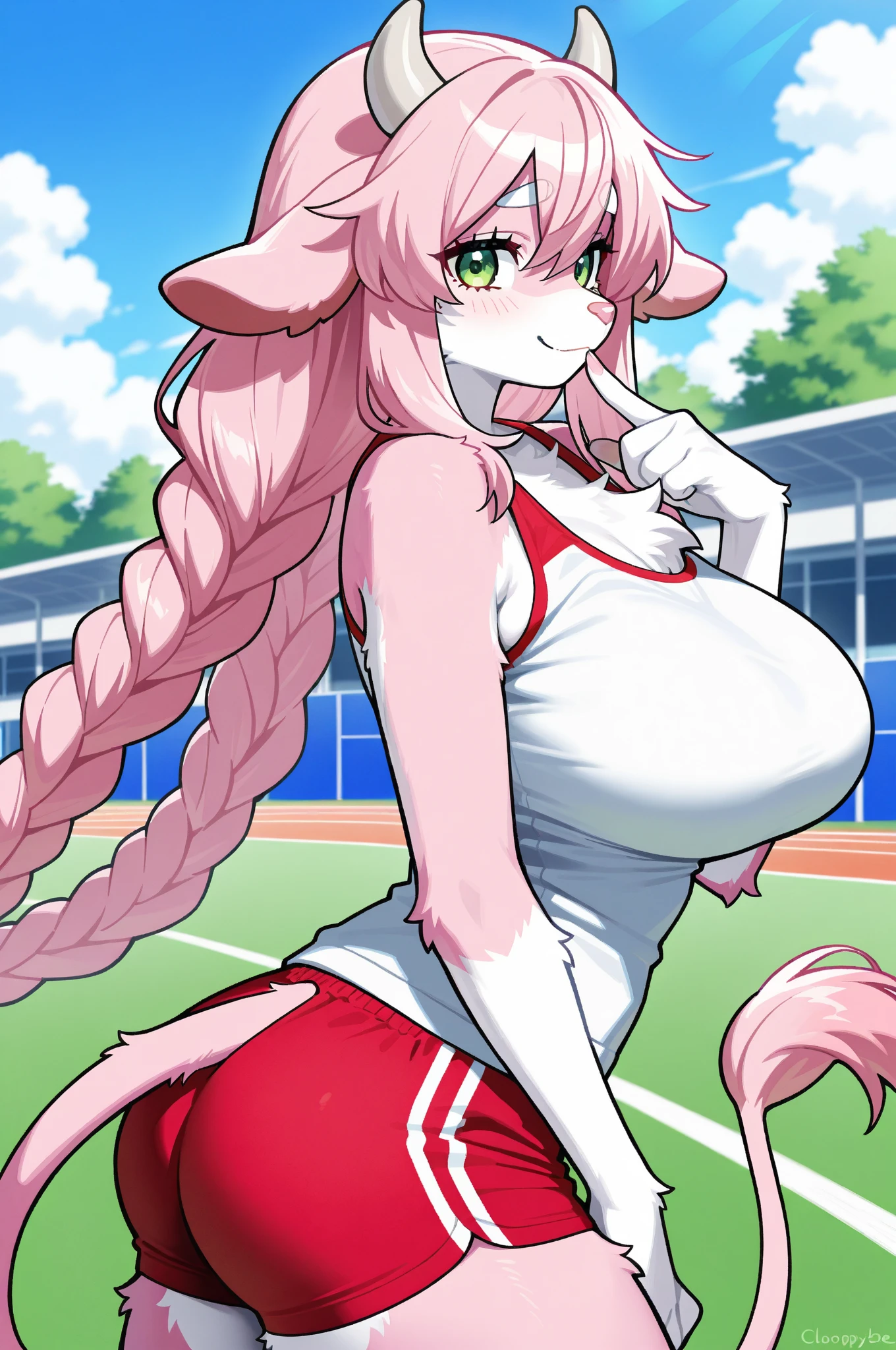 <lora:WhiteThoroughbredKemonofriends_Thoroughbredshiroge:0.7>,SHIROGE,
1girl,solo,masterpiece, best quality, high quality,delicate facial features,mishoujo,hyper_detail,game cg, finely detailed beautiful eyes and detailed face,lustrous skin,colorful
white_thoroughbred_(kemono_friends), horse ears, horse tail, horse girl, white hair,braid, long hair, twin braids, (huge_breasts:1.2)
elbow gloves, white gloves, sportswear,  fingerless gloves, midriff, navel, tail ornament, white_sports_bra, pink_bow, bare shoulders, socks, pantyhose, shoes
(looking at viewer:1.2), (standing:1.3), (cowboy shot:1.3),blush,embarrassed,smile,open mouth,
(field:1.3), (blue_sky:1.2),cloud,mountain