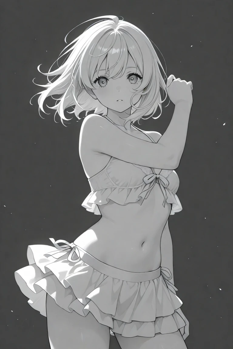 A cute girl in a swimsuit(original bikini swimsuit)(Small body) (Little Girl:1.5), (blonde:1.5)(eyelash:1.2)(eye shadow:1.3) (Blue eyes:1.5), (Beautiful fine details:1.4) (Short Bob Hair:1.4), (Blue eyes)(Big Breasts:1.3) (White skin:1.2)Height: 130cm,