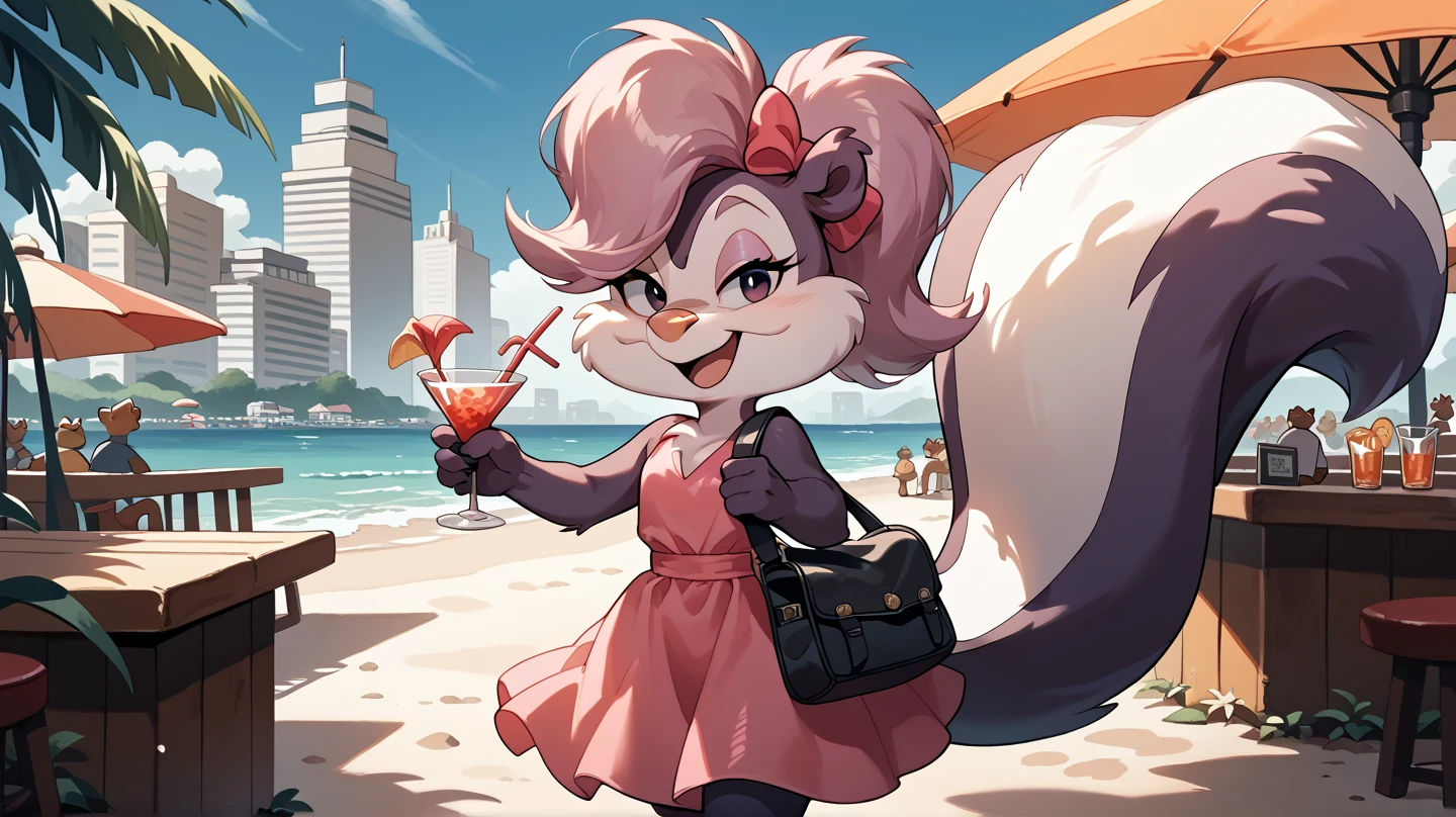 Cute young teenage female anthro cat girl, skinny, long orange hair, 2 braids in hair, smiling, pretty blue eyes, small breasts, crop top, (((underboob))), unzipped shorts, untied sneakers, walking in a carnival next to the sea, smiling, crowded area, lots of people