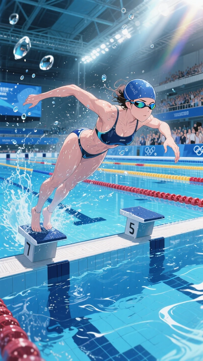 A group of swimmers are racing in a pool, cute women near 20 (athletic), buoy lines separate the swimmers lanes, high action