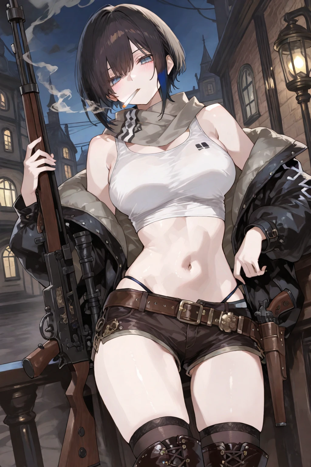 ubel,dark green hair,long hair,side ponytail,hair between eyes,bangs, BREAK (beret, black jacket, open clothes, cleavage, midriff, black shorts, black thighhighs, thigh strap, fingerless gloves, single glove:1.2), Photo,sharpness, F1.6 lens,hyper-realistic textures,spectacular light textures, Cinestil 800 Fashion Mechanics,(((Beautiful woman with left leg restrained and hung by chains))),Appearance,Beautiful girl with accentuated slender abs: 1.1,six-pack abs: 1.1, Bust Botox,Standing on tiptoe, long legs,Long brown hair fluttering in the wind,Brown hair, Long hair, Female Warrior Costume,(No panties,No bra),(tacticul battle fashion,elbow and knee tacticul battle fashion, battle glove: 1.1),((cute batre costume)),The belly comes out and the navel is visible,Thin sheer costume, combat gloves,shredded costumes,cyber long combat boots with golden knee pads,Anatomical,(futuristic sci-fi battle fashion, new elbow and knee cyberpads, new cyberlong boots, new cybergloves: 1.1),(tied perfectly by iron chain), Restraint, Slave, collars, contempt, (Chained), 4 chains hung from heaven, Metallic shackles and fetters, wet crotch clearly visible,((Hands are restrained above the head)), the neck is chained,Chain from left knee to heaven,Chained by rusty iron chains,((the tip is protruding, areolas protruding,The shape of the pubic area is clearly visible:1.2)),Sweating,Wet,Wet crotch,Wet thighs,Junkyard, Realistic, (cute, perfect clothes, skimpy clothes, cute: 1.3) ,Vast miritary base in us,((wide mirtary hospital with summer sunlight)), peeling ceilings, Rebar between, Realistic material details, Extreme details, Ultra-realistic materials,narrow waist,(with sparkling eyes and a contagious smile:0.9),looking at viewer, 