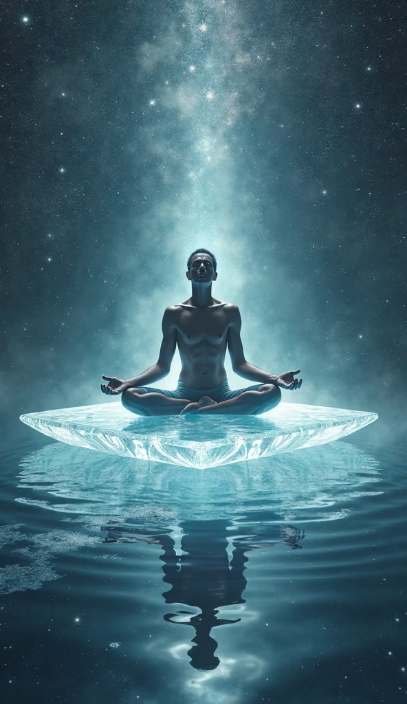 3D view, huge blue lake surface, a white skinned male suspended in meditation on the water surface, with ripples under his feet, perfect figure, handsome face, perfect abdominal muscles, perfect muscle curves, a handsome male dressed in Hanfu Xianfeng Daogu