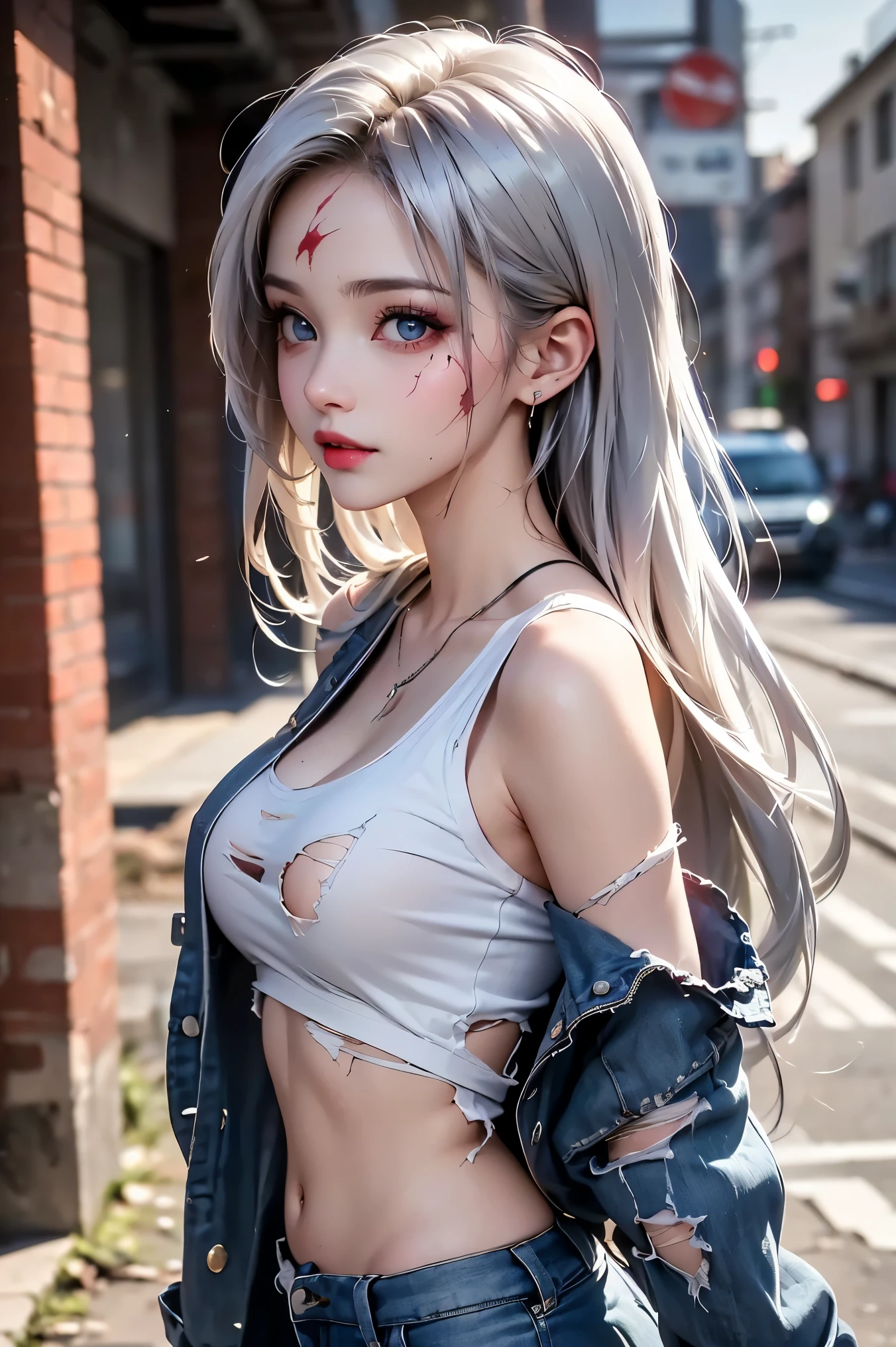 photorealistic, high resolution, 1women, solo, hips up, look at viewer, (detailed face), white hair, long hair, medium breasts, one tattoo on crotch