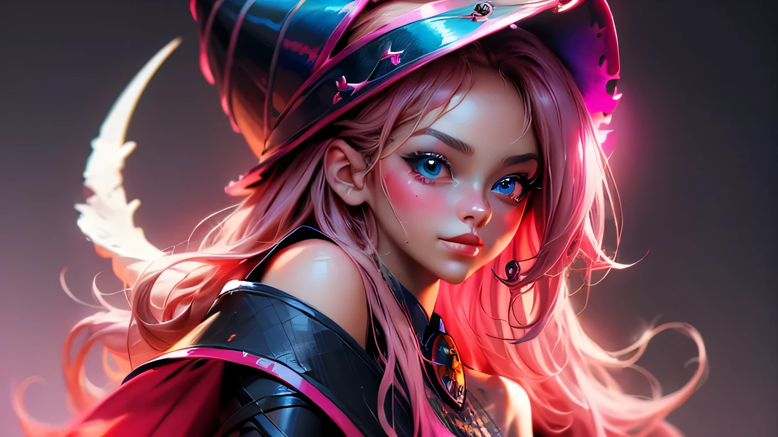 Beautiful face of dark magician gils. long eyelashes, blue eyes. pink lips. long blonde hair. curly hair. exposed shoulders, angelic smile, beautiful well detailed face of the dark wizards gils. Dressed as a sexy schoolgirl. She is flirtatious with the viewer... sexy schoolgirl.