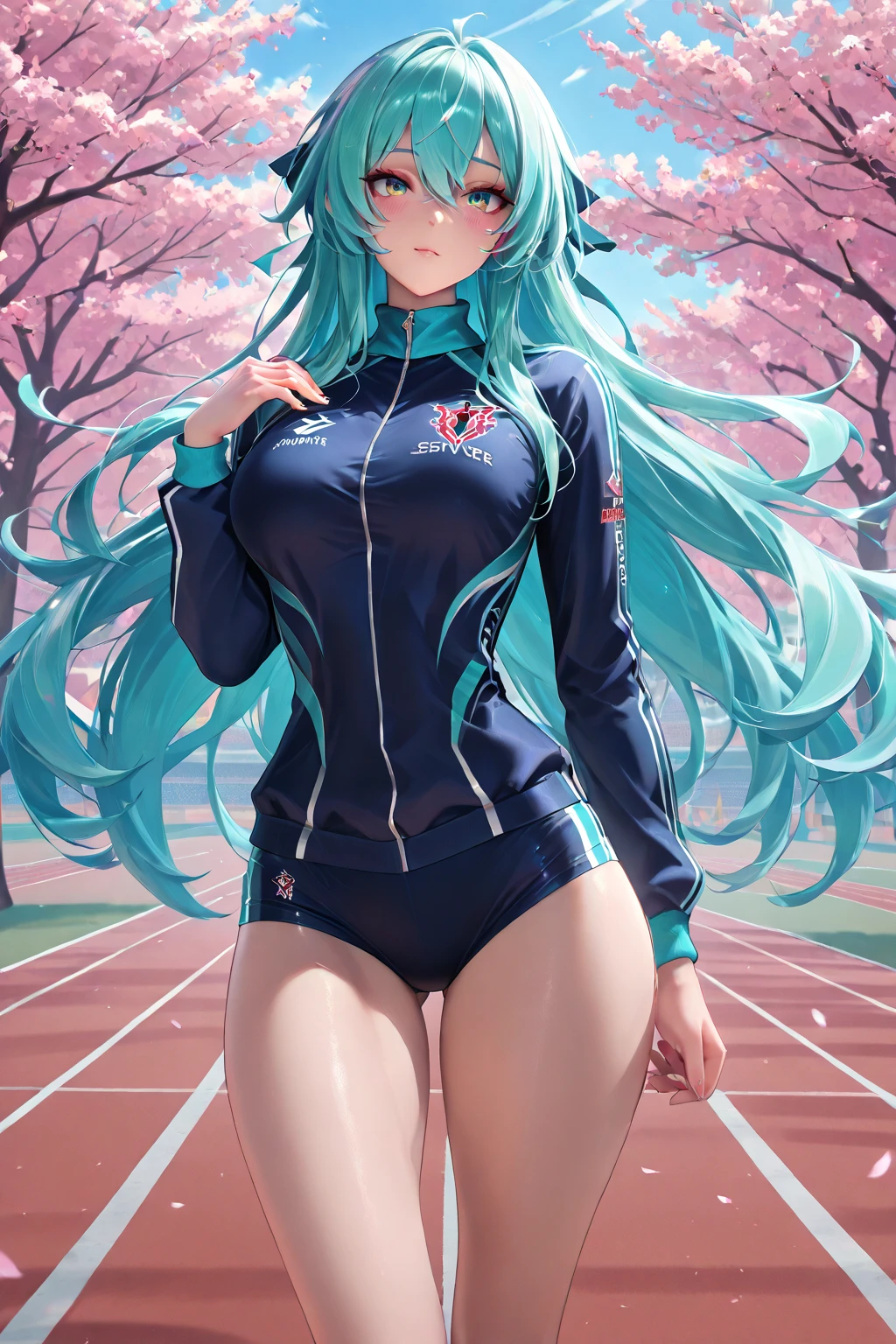 top-quality、Full limbs、complete fingers、Slender beauty、straight haired、Light blue hair、long、(Light Blue High Neck Long Sleeve Competitive Swimsuit:1.3)、(Brown pantyhose:1.3)、Light blue high heels、Beautiful Large Breasts、lawn、The tree々Surrounded by、Walking on the lawn、A big smile