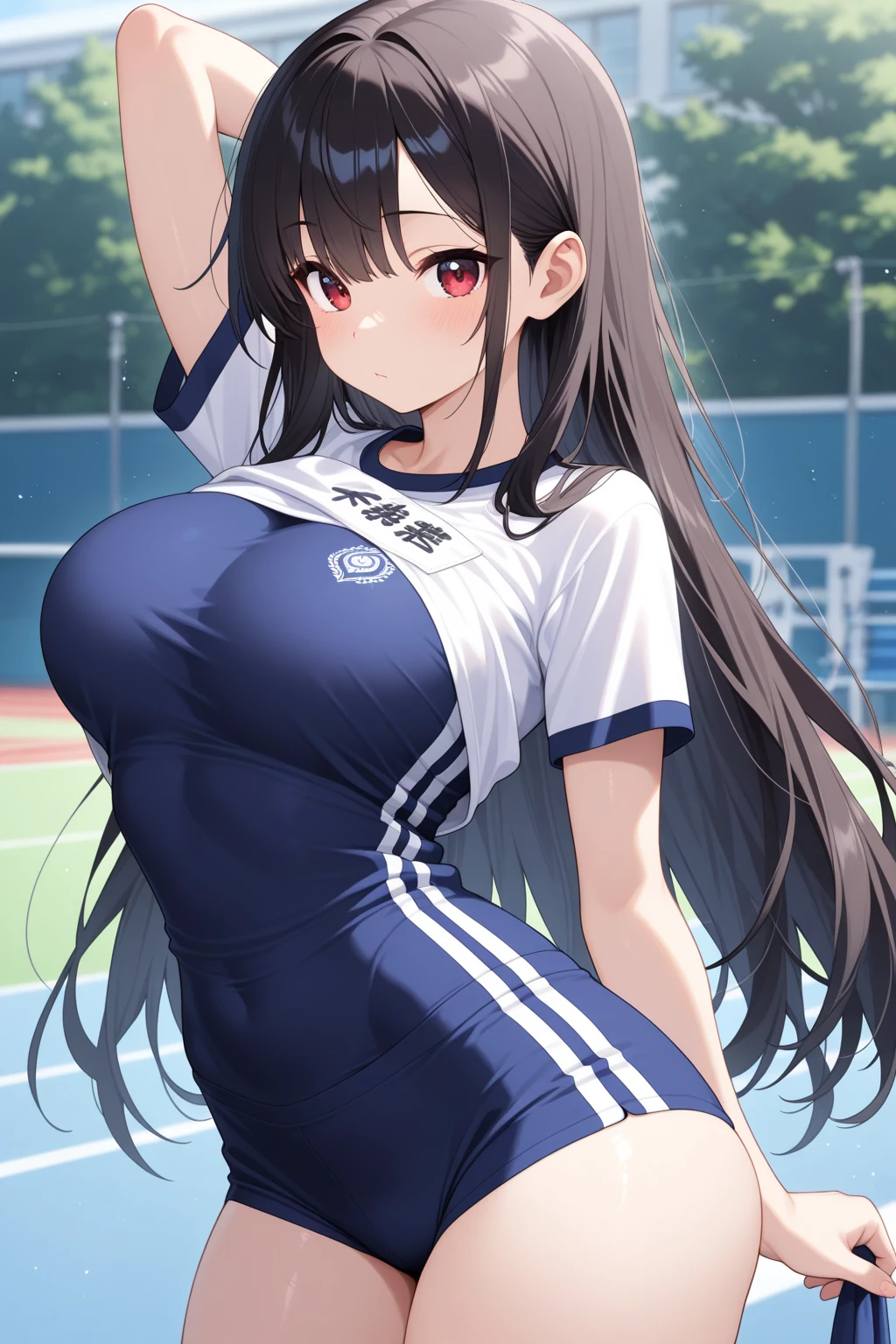 (masterpiece,best quality,high resolution,extremely detailed picture,wallpaper,huge_filesize,cowboy shot:1.2,CG),alone,1girl,young,(cute),erfect balance,beautiful character design,pale skin,((black hair:1.4),(crossed bangs:1.4),(high ponytail:1.4),(hair between eyes:1.4),(cyan eyes:1.4),perfect eyes,closed mouth:1.4,smile,perfect face),beautiful body),(large breasts:1.2),(Sexy thighs),outdoor,(athletics stadium:1.4),star earrings,(blue sports bra:1.4),gold ring shaped bracelet,shoes,(standing:1.4),(turn your face and body straight:1.4)