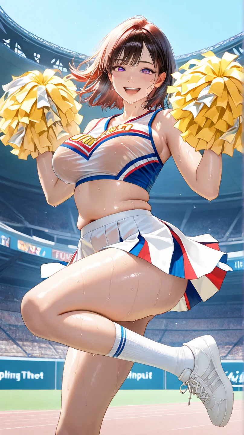Highest quality, Super quality, 16K, Incredibly absurd, Very detailed, 2.5D, delicate and dynamic, baseball Ground, stand, Colorful Stage, Tiny faint lights and flying confetti, night, Starry Sky, firework, Electronic bulletin board, , , Small face, Extremely delicate facial expression, Delicate eye depiction, Upper body close-up, erotic, sole sexy lady, healthy shaped body, 22 years old lady, Cheerleader, 170cm tall, huge firm bouncing busts, 色鮮やかなCheerleaderのコスチューム, A complex costume, baseball cap, short pants, long socks, sports shoes, support, cheer leading, Fox Dance