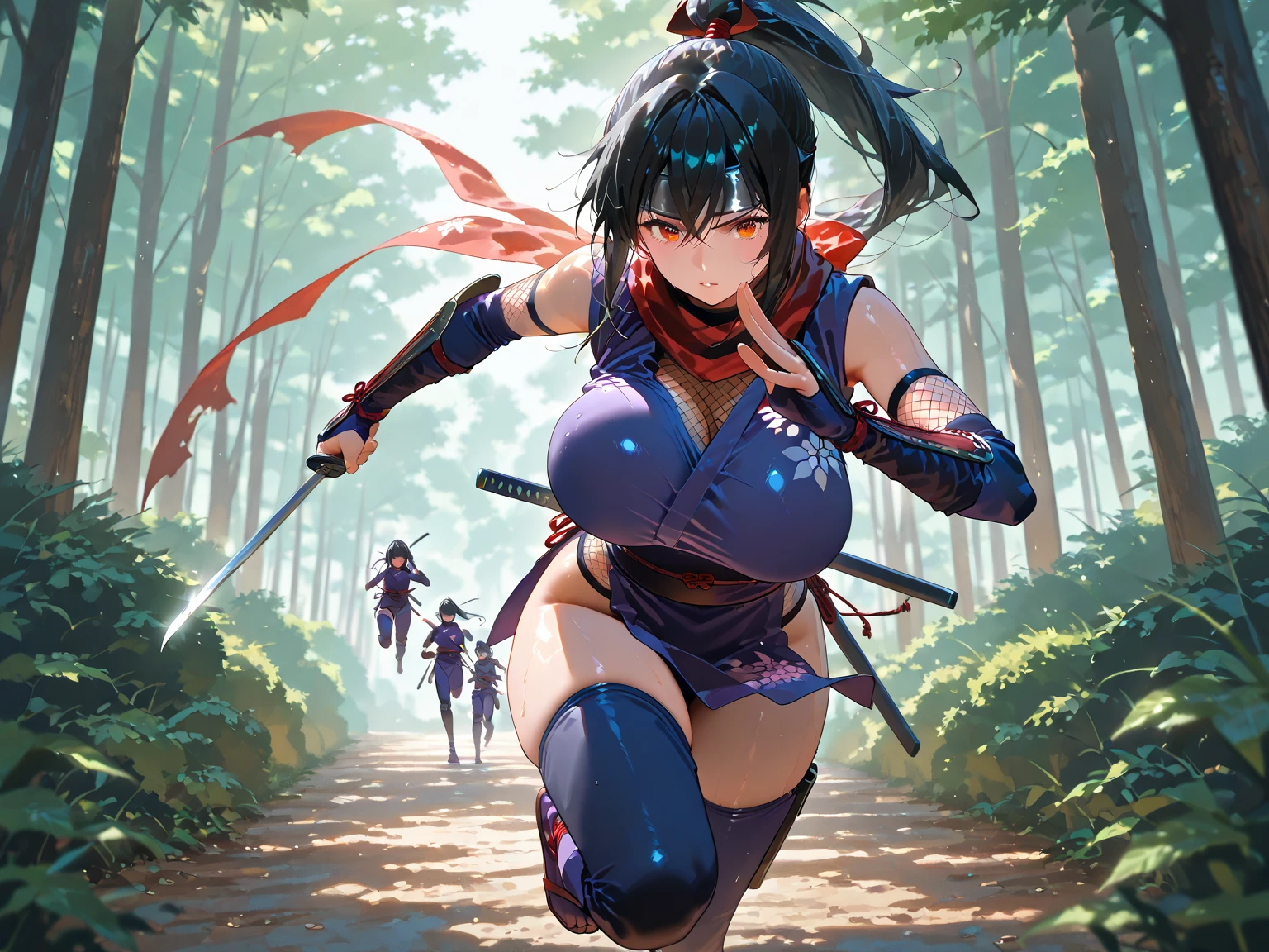 Full body shot of character from Dead or Alive game. Kasumi versus Ayane, same size, engaged in a fierce duel with short swords, showcasing their impressive swordplay and deadly precision. Their long loose hairstyles flow behind them as they battle in a stunning and lush forest setting. Both warriors are dressed in sleeveless kimonos and skirt, adorned with an obi tied to back hip, and accessorized with black thin elbow gloves, 100% black thigh high socks, and small black boots.