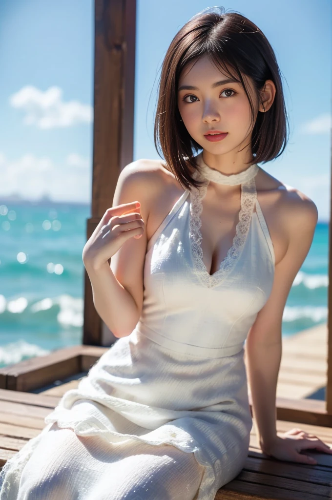 Ultra-detailed 8K photo of a Japanese gravure model with a chic, bob cut, under the starry night of a Greek island. She’s wearing a white, Grecian-style maxi dress, her pose is relaxed yet sophisticated, the Aegean Sea shimmering quietly in the background